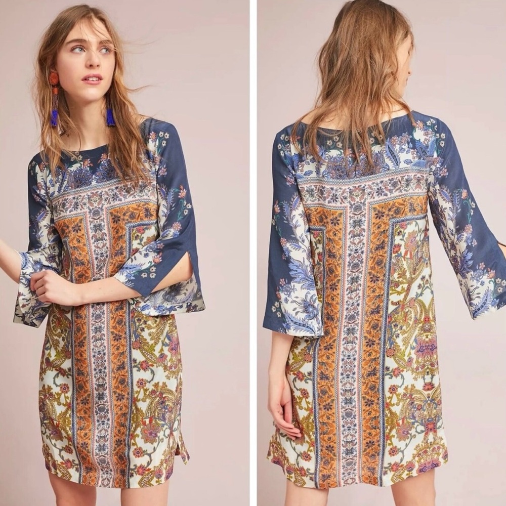 Anthropologie Maeve Barcelona Silk Dress Boho Hippie Shift Size 0 Bell Sleeve‎ - Picture 3 of 6